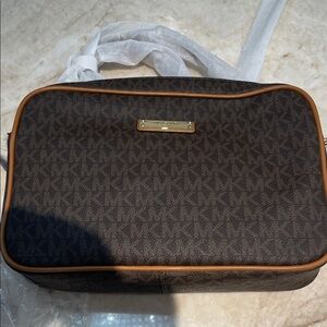 Michael Kors Dark Brown Logo Messenger Bag with Tan Trim